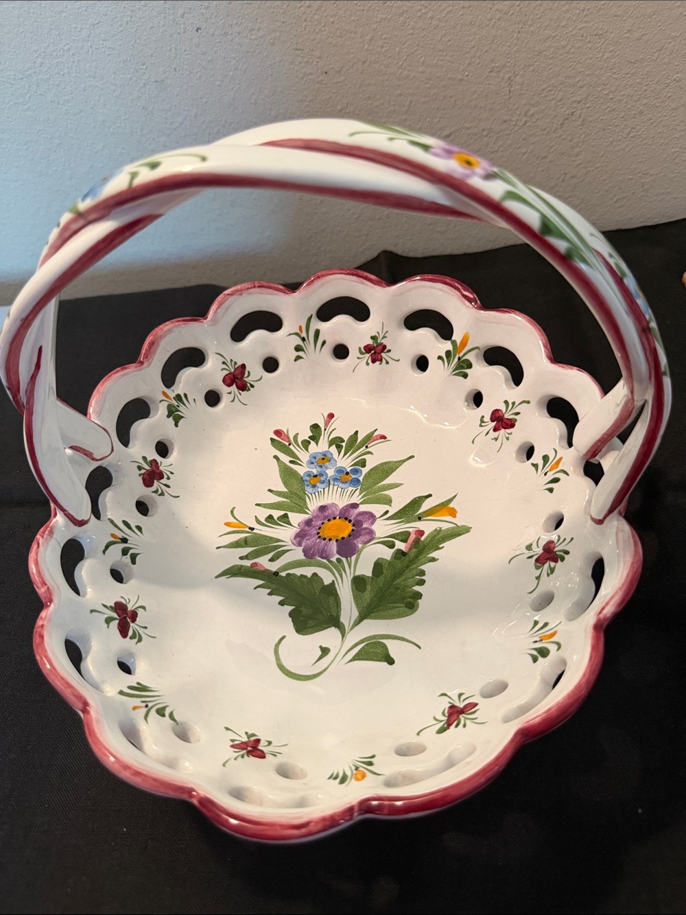Portugal Hand-Painted Floral Ceramic Basket - White with Pink Trim